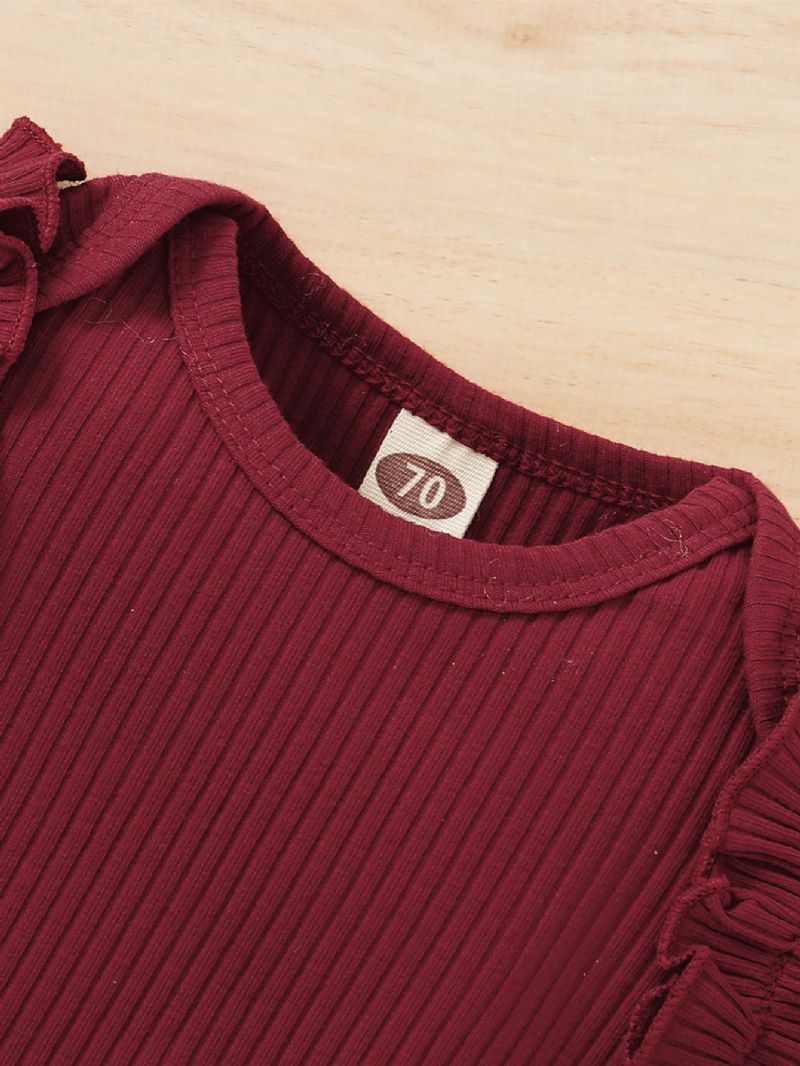 3 Stk Baby Grills Ribbet Bomuld Flæse Detalje T-shirt Med Blomsterprint Bukser Sæt
