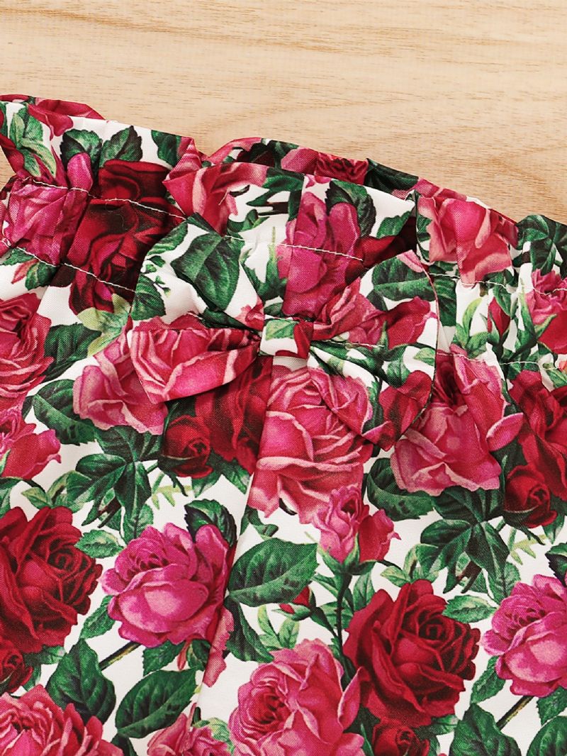3 Stk Baby Grills Ribbet Bomuld Flæse Detalje T-shirt Med Blomsterprint Bukser Sæt