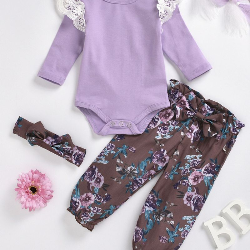 3 Stk Baby Pige Blonde Romper Blomster Print Lilla Jakkesæt