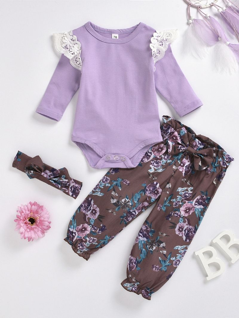 3 Stk Baby Pige Blonde Romper Blomster Print Lilla Jakkesæt