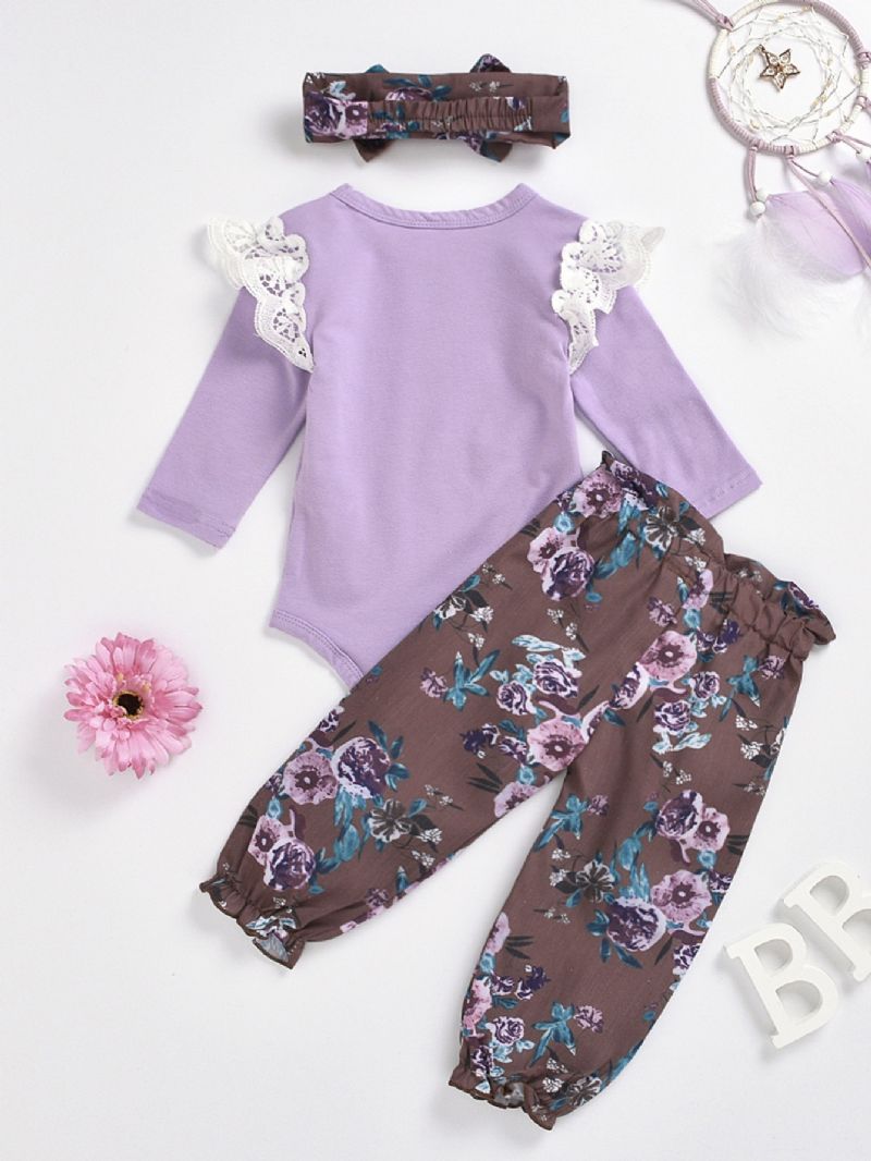 3 Stk Baby Pige Blonde Romper Blomster Print Lilla Jakkesæt