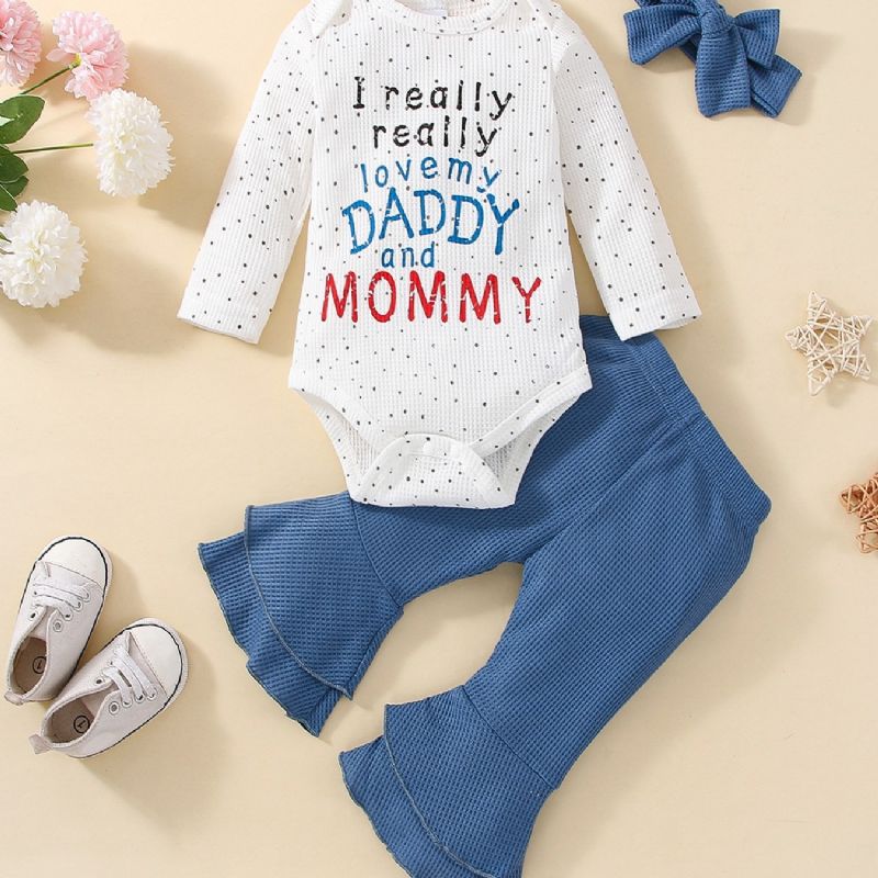 3 Stk Baby Piger Alfabet Print Langærmet Bodysuit & Flared Bukser Sløjfe Sæt