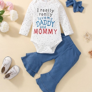 3 Stk Baby Piger Alfabet Print Langærmet Bodysuit & Flared Bukser Sløjfe Sæt