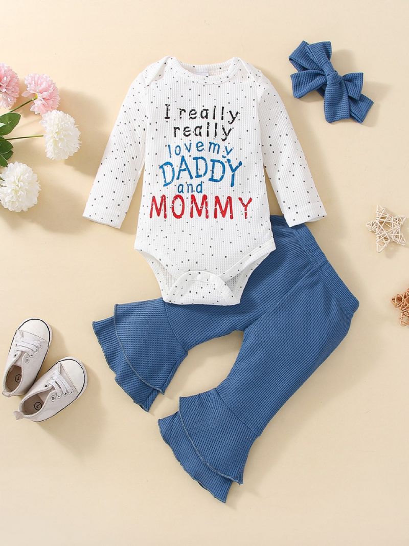 3 Stk Baby Piger Alfabet Print Langærmet Bodysuit & Flared Bukser Sløjfe Sæt