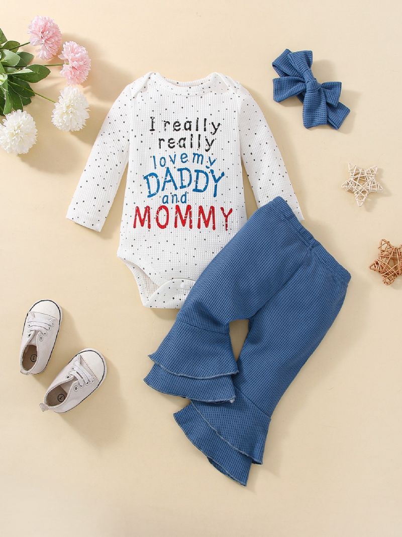 3 Stk Baby Piger Alfabet Print Langærmet Bodysuit & Flared Bukser Sløjfe Sæt