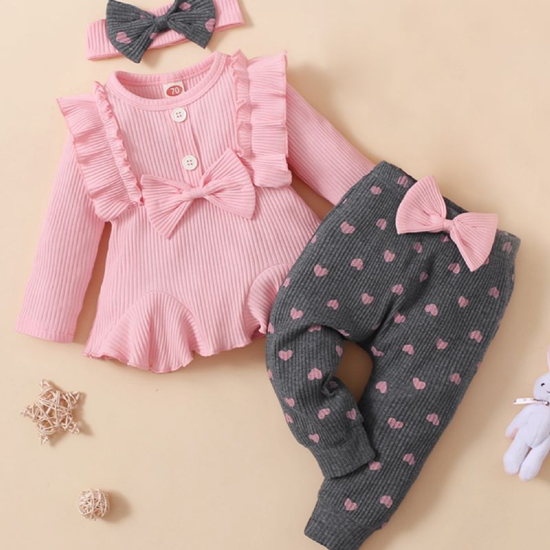 3 Stk Baby Piger Søde Flæsetrøje Leggings & Sløjfe Pandebånd Sæt