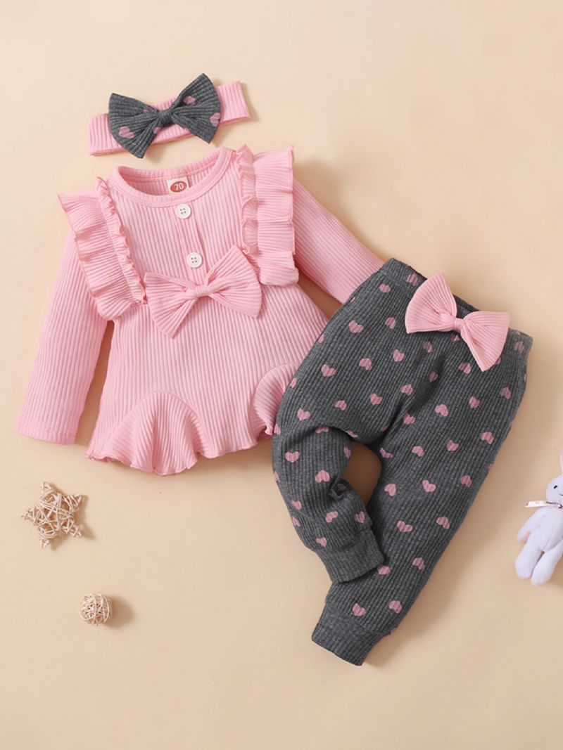 3 Stk Baby Piger Søde Flæsetrøje Leggings & Sløjfe Pandebånd Sæt