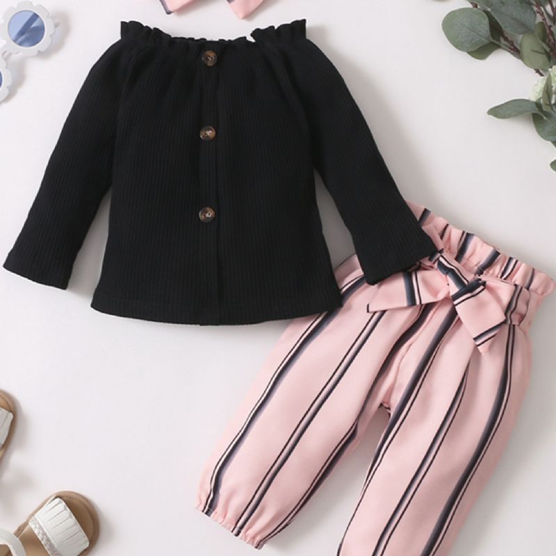 3 Stk Babypiger Off-the-shoulder Langærmet Top & Striber Bukser & Pandebånd Sæt