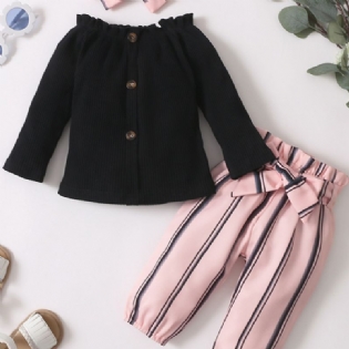 3 Stk Babypiger Off-the-shoulder Langærmet Top & Striber Bukser & Pandebånd Sæt