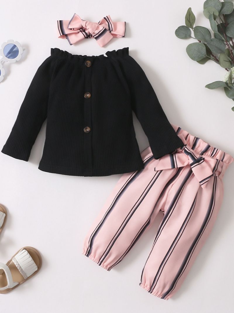 3 Stk Babypiger Off-the-shoulder Langærmet Top & Striber Bukser & Pandebånd Sæt
