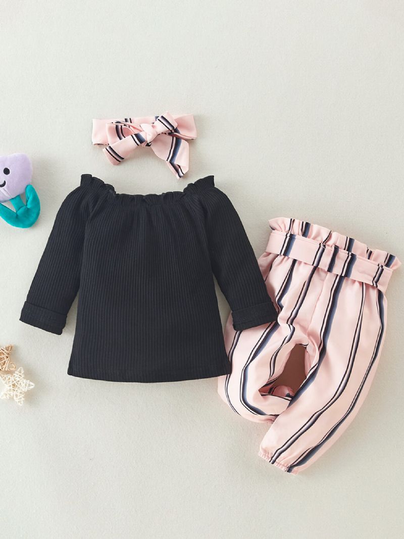 3 Stk Babypiger Off-the-shoulder Langærmet Top & Striber Bukser & Pandebånd Sæt