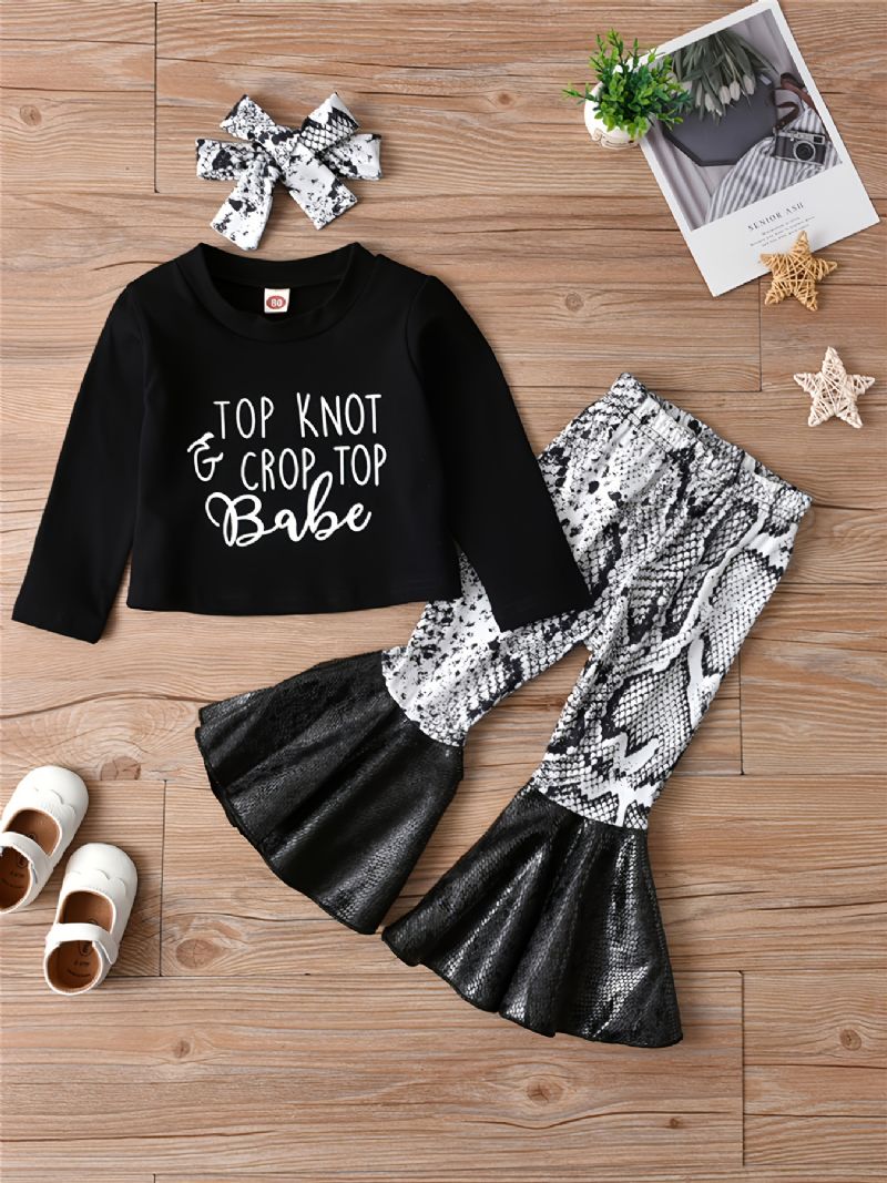 3 Stk Pige Top Knot & Crop Top Babe Print Rund Hals Langærmet + Udstrækkende Bukser + Sløjfe Pandebånd Sæt