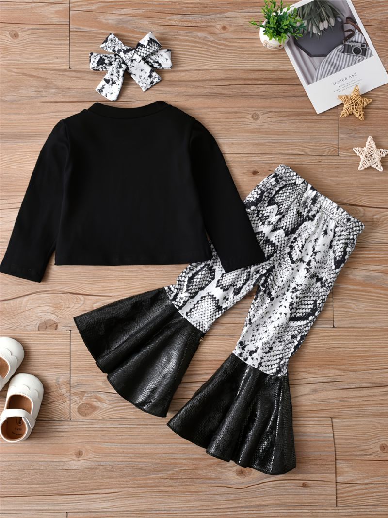 3 Stk Pige Top Knot & Crop Top Babe Print Rund Hals Langærmet + Udstrækkende Bukser + Sløjfe Pandebånd Sæt