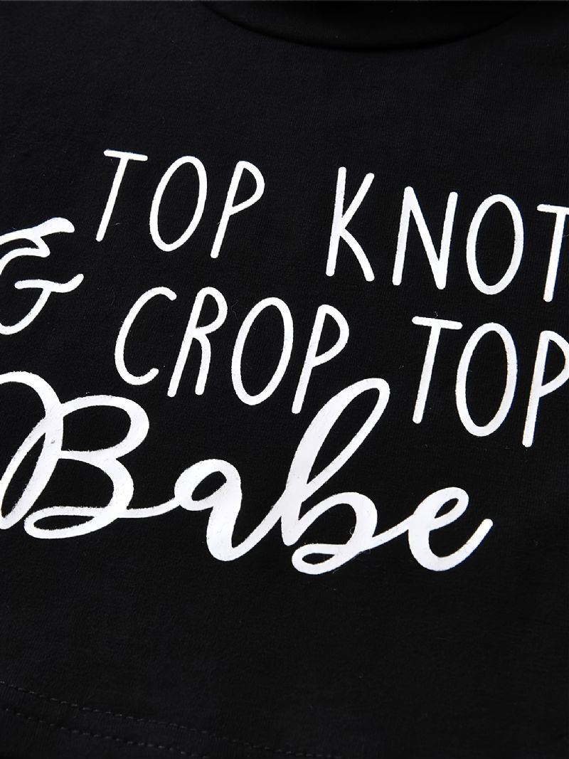 3 Stk Pige Top Knot & Crop Top Babe Print Rund Hals Langærmet + Udstrækkende Bukser + Sløjfe Pandebånd Sæt