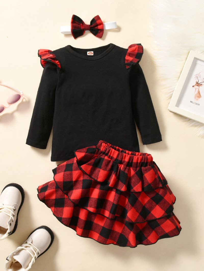 3 Stk Piger Juletøj Plaid Nederdel Sort Skjorte Med Pandebånd Efterår Vinter Outfits