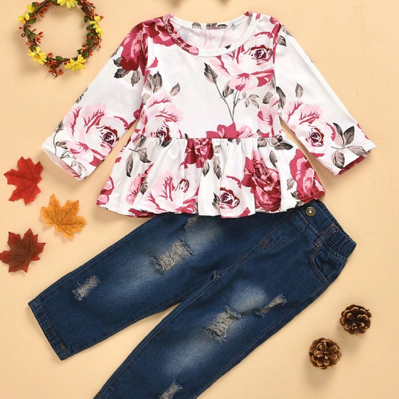 3 Stk Piger Rose Print Langærmet Top & Ripped Denim Bukser Sæt