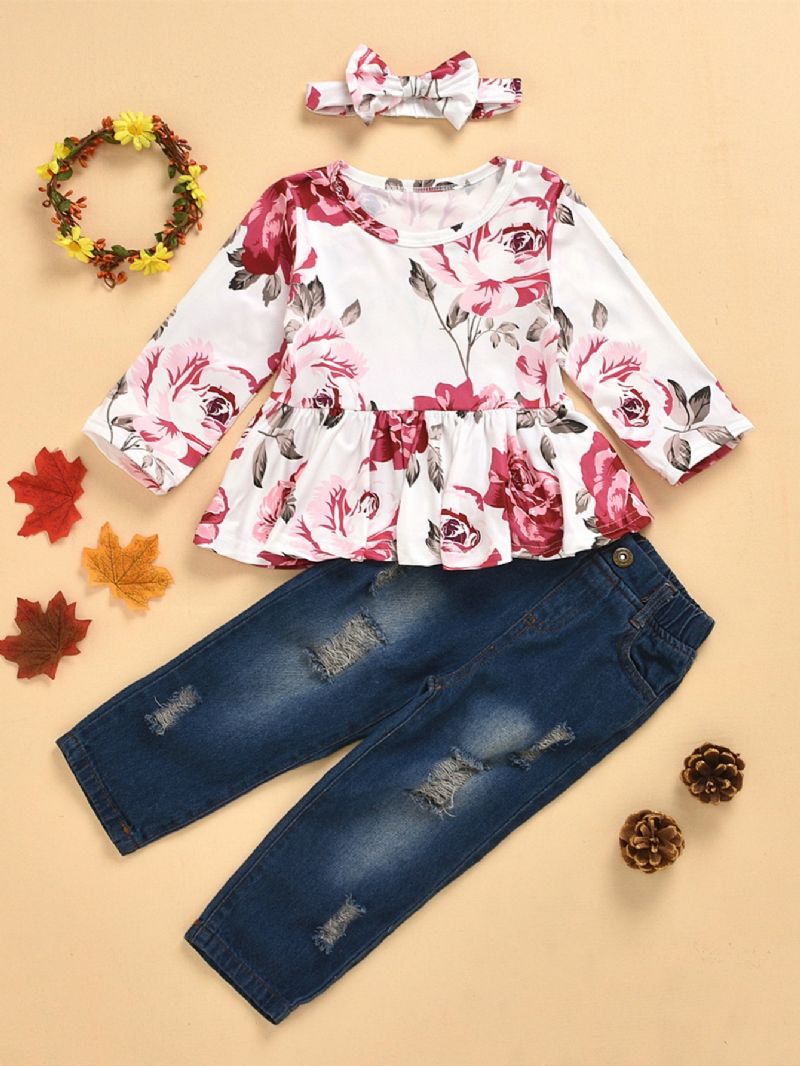 3 Stk Piger Rose Print Langærmet Top & Ripped Denim Bukser Sæt