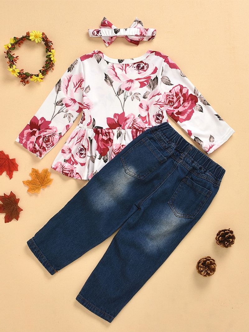 3 Stk Piger Rose Print Langærmet Top & Ripped Denim Bukser Sæt