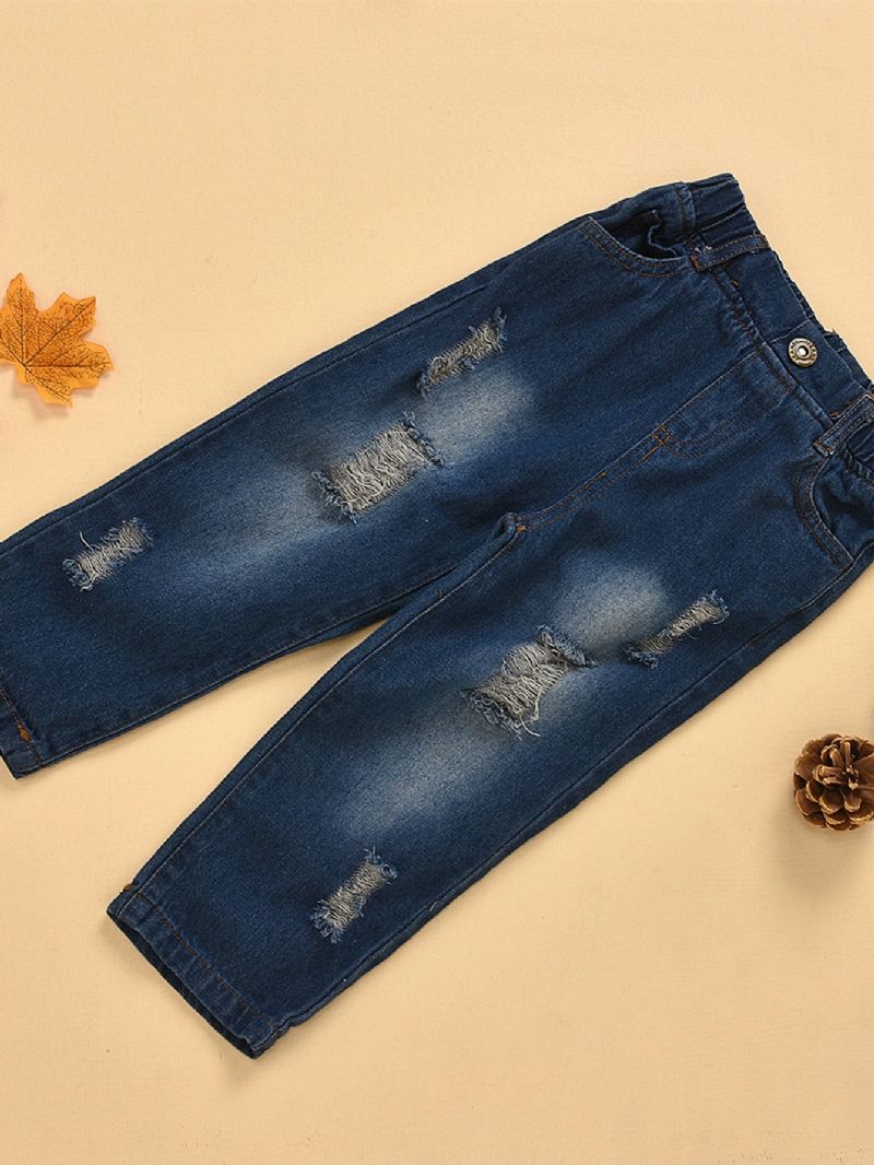 3 Stk Piger Rose Print Langærmet Top & Ripped Denim Bukser Sæt