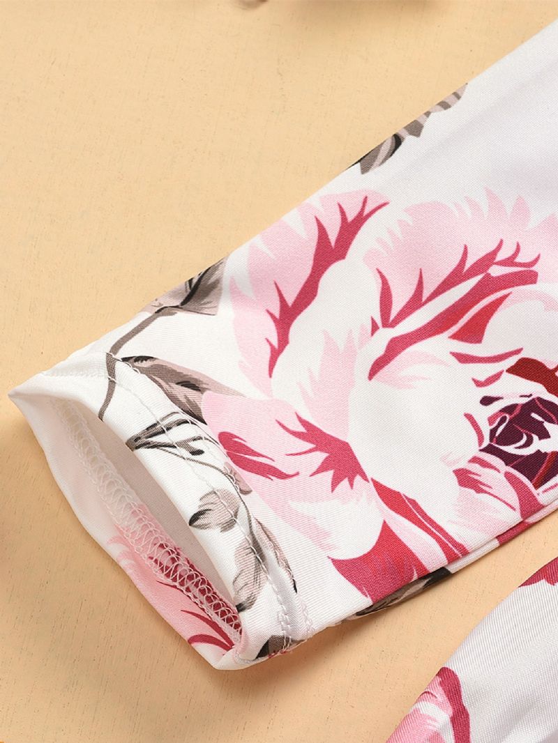 3 Stk Piger Rose Print Langærmet Top & Ripped Denim Bukser Sæt