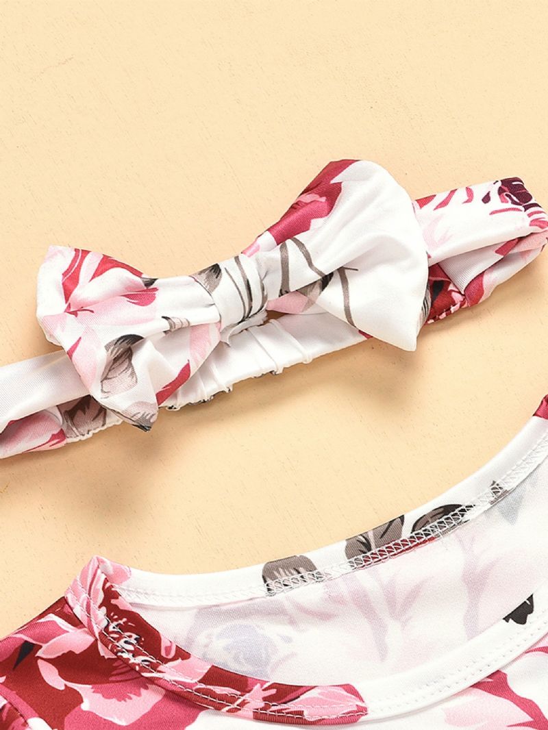 3 Stk Piger Rose Print Langærmet Top & Ripped Denim Bukser Sæt