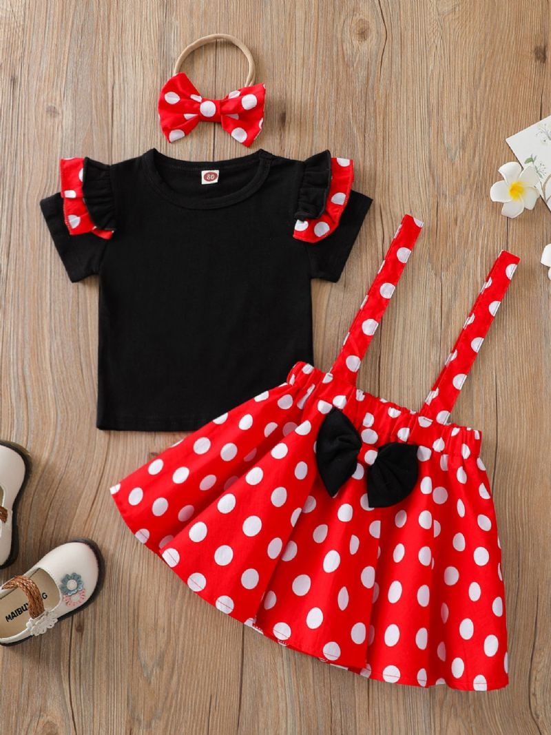 3 Stk Piger Små Flyvende Ærmer Sort Top & Rød Polka Dot Seleholder Nederdel & Sløjfe Pandebånd Sæt