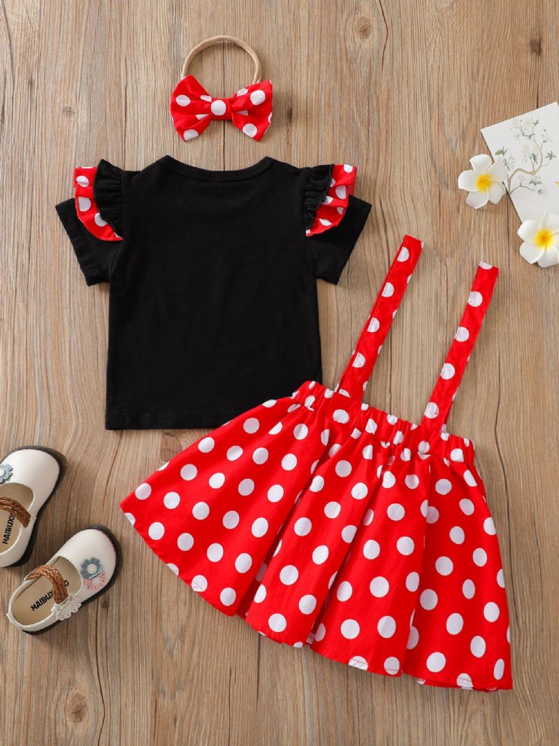 3 Stk Piger Små Flyvende Ærmer Sort Top & Rød Polka Dot Seleholder Nederdel & Sløjfe Pandebånd Sæt