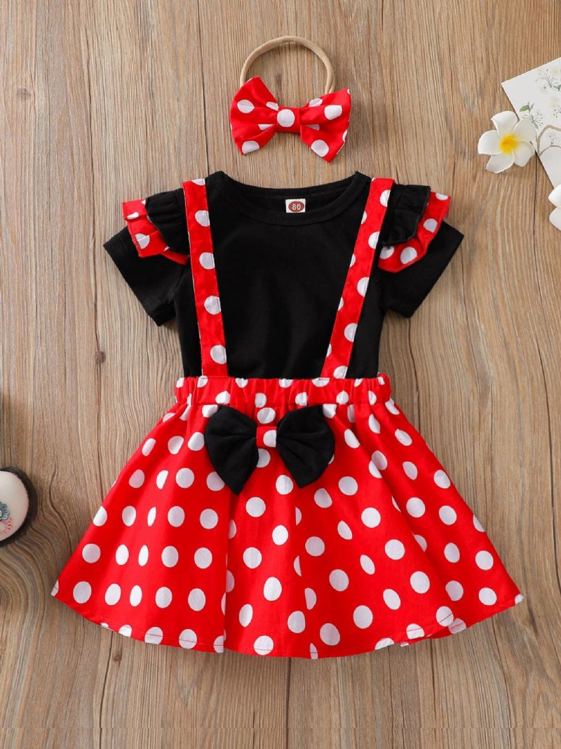 3 Stk Piger Små Flyvende Ærmer Sort Top & Rød Polka Dot Seleholder Nederdel & Sløjfe Pandebånd Sæt