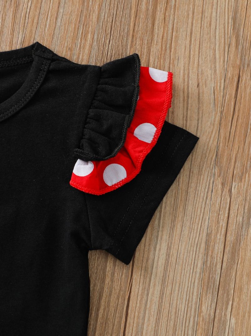 3 Stk Piger Små Flyvende Ærmer Sort Top & Rød Polka Dot Seleholder Nederdel & Sløjfe Pandebånd Sæt