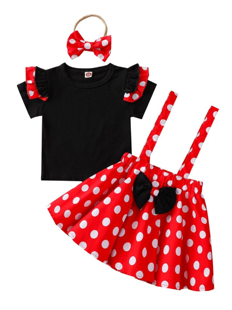 3 Stk Piger Små Flyvende Ærmer Sort Top & Rød Polka Dot Seleholder Nederdel & Sløjfe Pandebånd Sæt