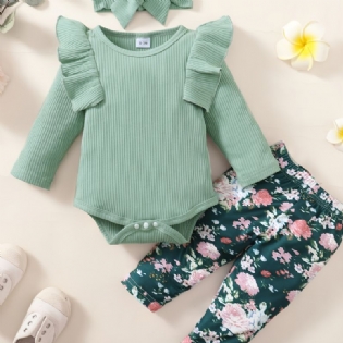 3 Stk Pigesæt Solid Langærmede Onesie Rompers Blomsterprint Bukser Sæt Med Sløjfe Pandebånd