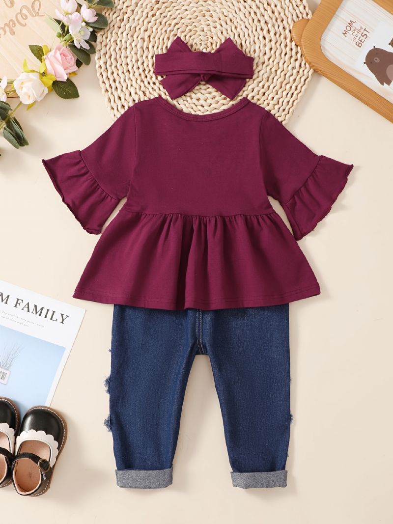 3 Stk / Sæt Piger Langærmet Flare Top & Ripped Print Denimbukser & Pandebånd