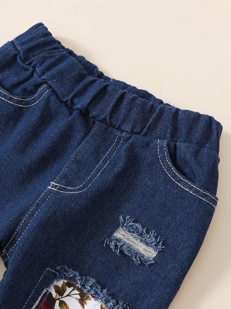3 Stk / Sæt Piger Langærmet Flare Top & Ripped Print Denimbukser & Pandebånd
