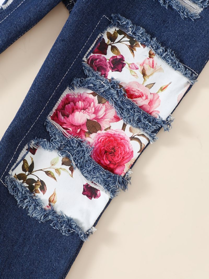3 Stk / Sæt Piger Langærmet Flare Top & Ripped Print Denimbukser & Pandebånd