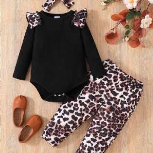 3 Stk Småbørnspiger Leopardprint Ærmer Rund Hals Bodysuit & Leopard Bukser Sæt