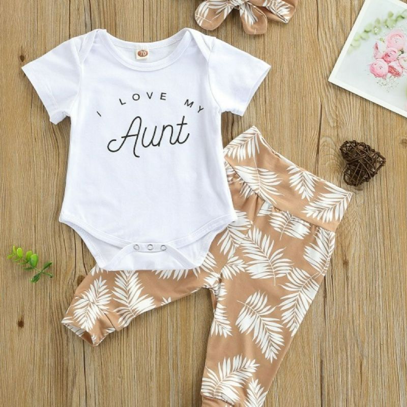 3stk Baby Letter Print Romper & Botanical Bukser Sæt Med Pandebånd