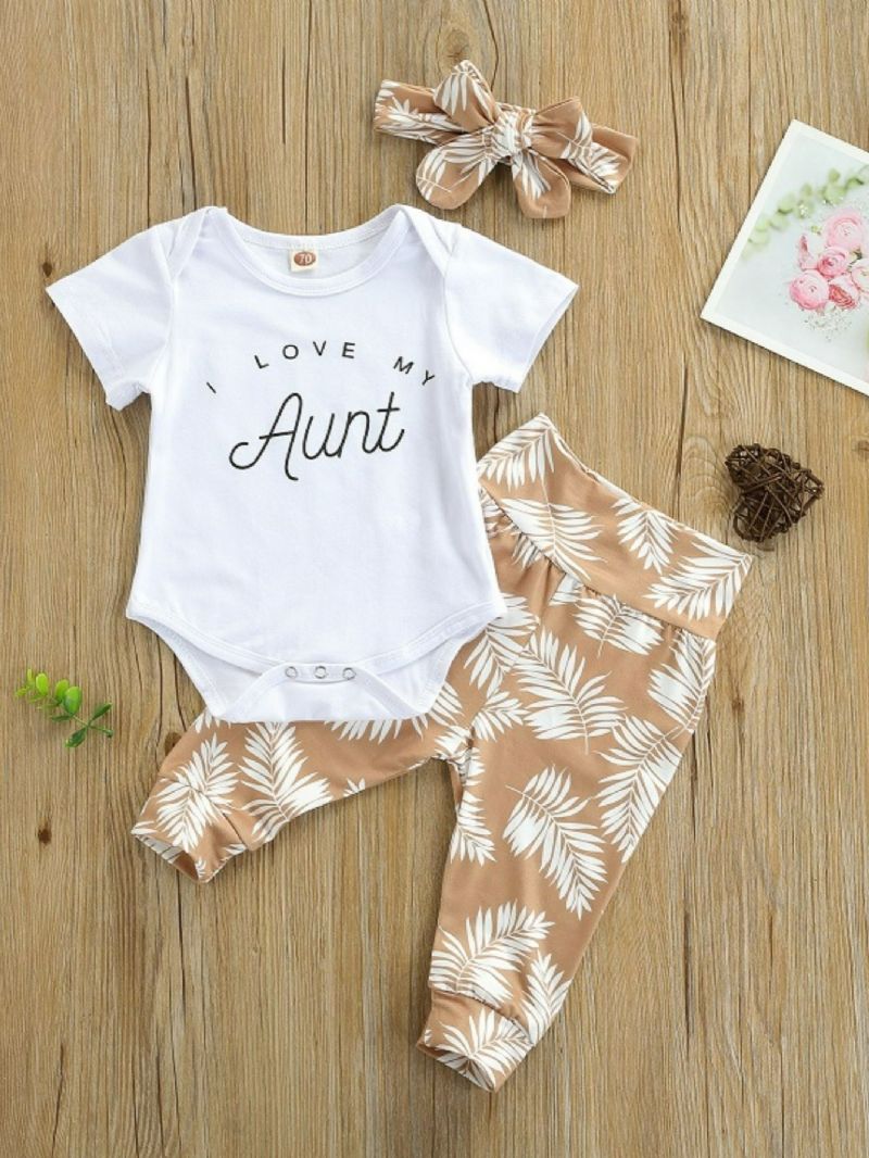 3stk Baby Letter Print Romper & Botanical Bukser Sæt Med Pandebånd