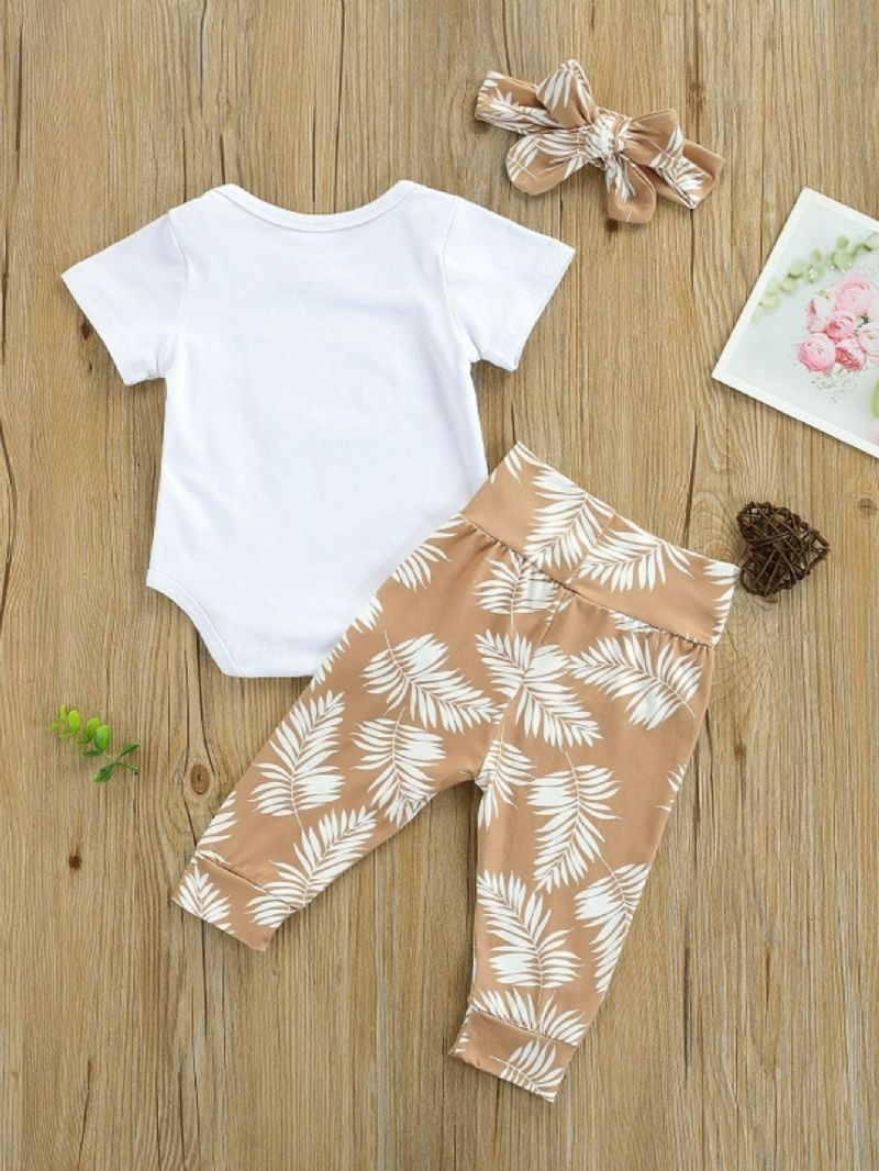 3stk Baby Letter Print Romper & Botanical Bukser Sæt Med Pandebånd