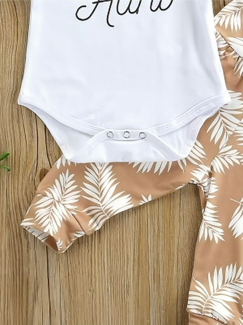 3stk Baby Letter Print Romper & Botanical Bukser Sæt Med Pandebånd