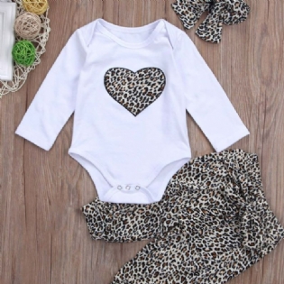 3stk Pige Leopard Print Hjerte Romper & Bukser Med Pandebånd