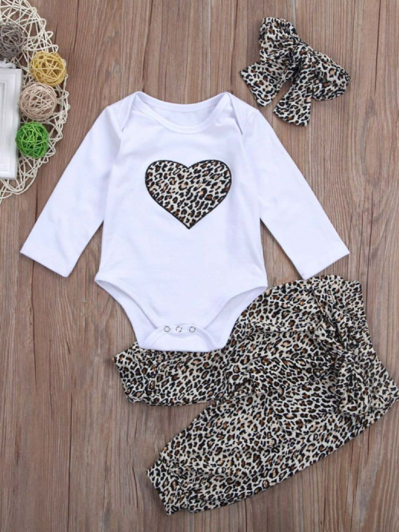 3stk Pige Leopard Print Hjerte Romper & Bukser Med Pandebånd