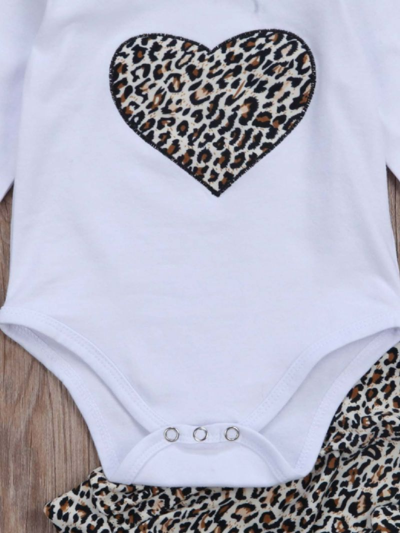 3stk Pige Leopard Print Hjerte Romper & Bukser Med Pandebånd