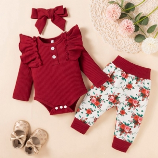 Baby Bodysuit & Bukser Med Blomsterprint & Pandebånd Sæt Newborn Sæt
