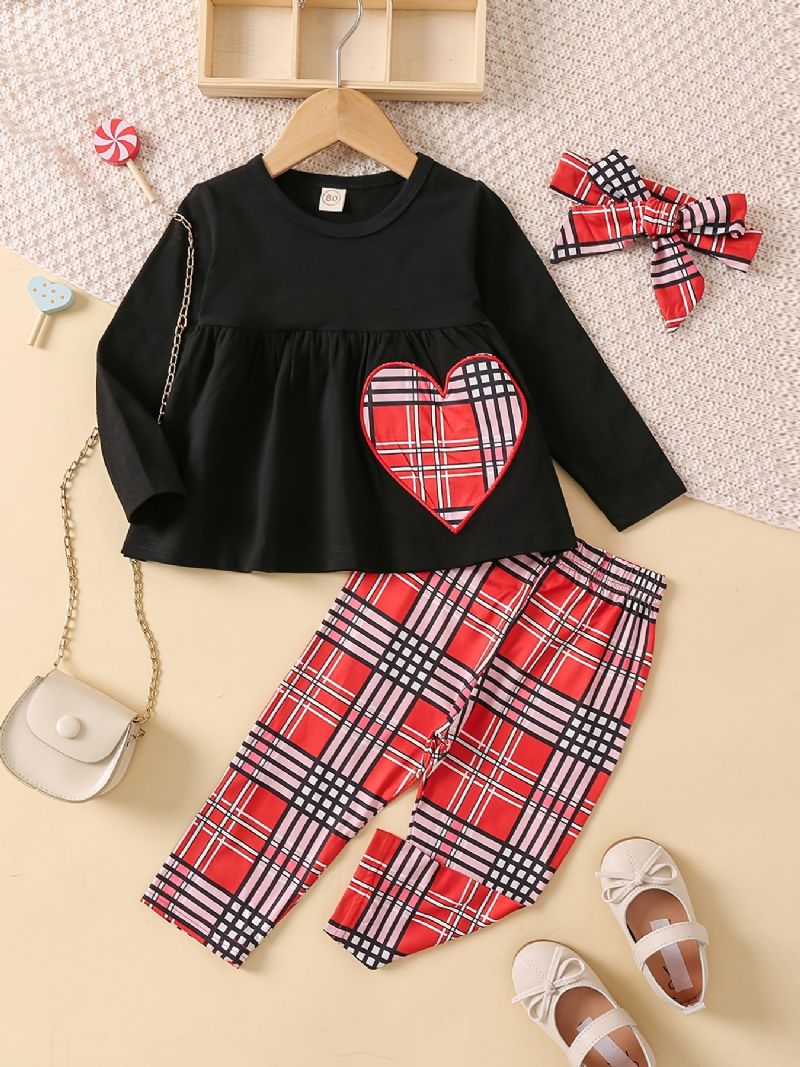 Baby Børn Piger Langærmet Top + Plaid Bukser + Pandebånd Sæt Børnetøj Babytøj