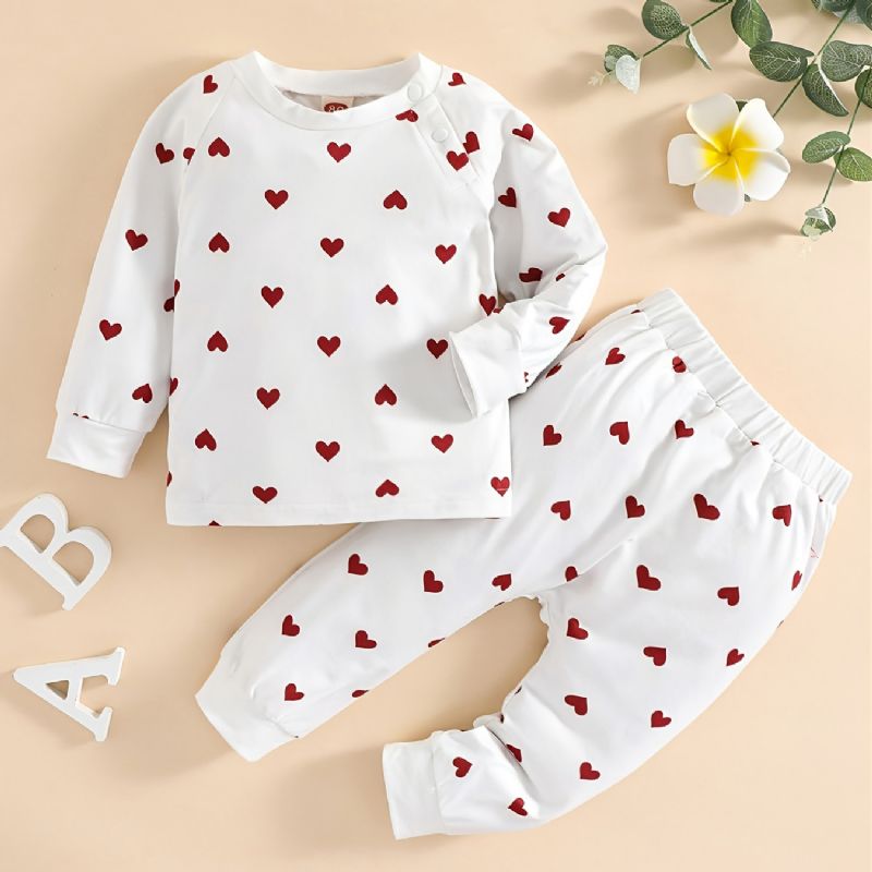 Baby Drenge Piger Hjerte Print Langærmede Sweatshirts Toppe & Bukser Sæt Undertøj Pyjamas Sæt