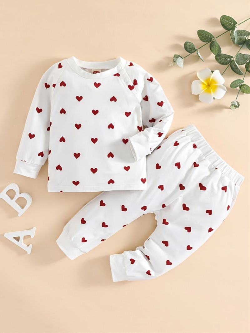 Baby Drenge Piger Hjerte Print Langærmede Sweatshirts Toppe & Bukser Sæt Undertøj Pyjamas Sæt