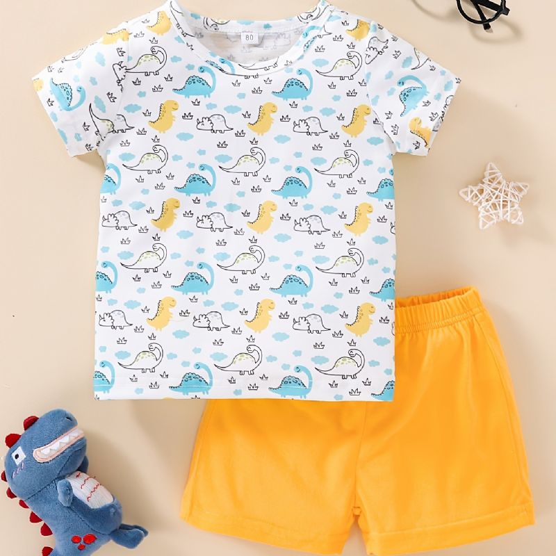 Baby Drenge Piger Sød Tegneserie Mini Dinosaur Print T-shirt & Solide Shorts Sæt