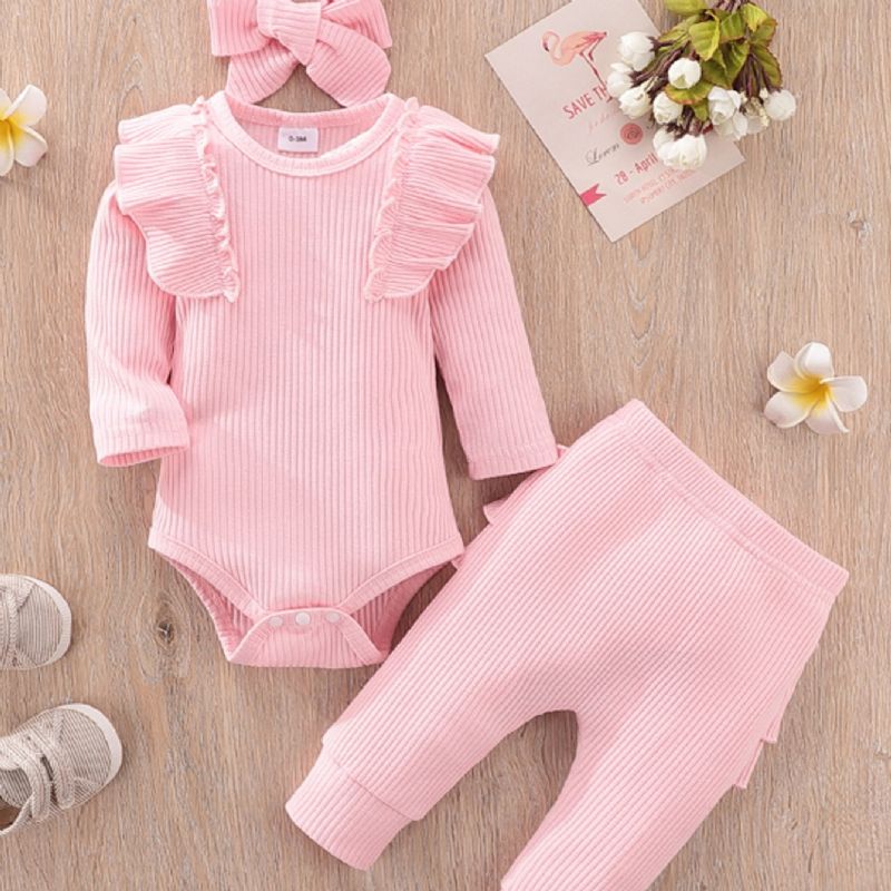 Baby Pige Nyfødt Jumpsuit Flæse Langærmet Top Bukser Pandebånd 3 Stk Sæt