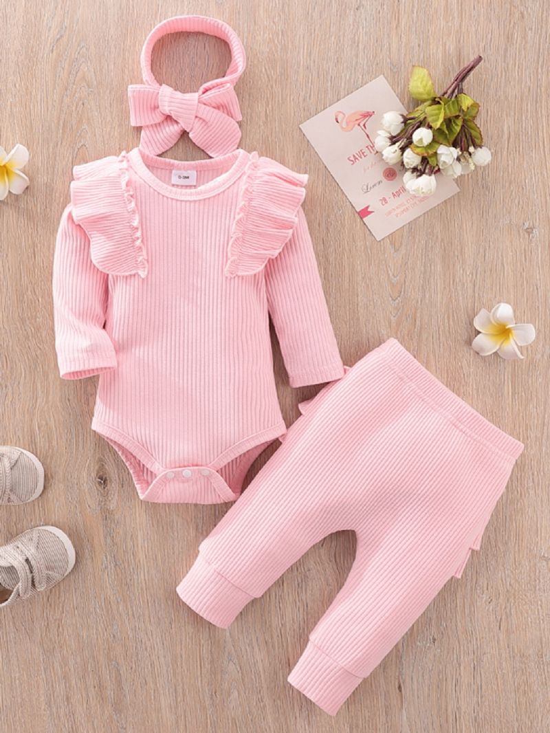 Baby Pige Nyfødt Jumpsuit Flæse Langærmet Top Bukser Pandebånd 3 Stk Sæt