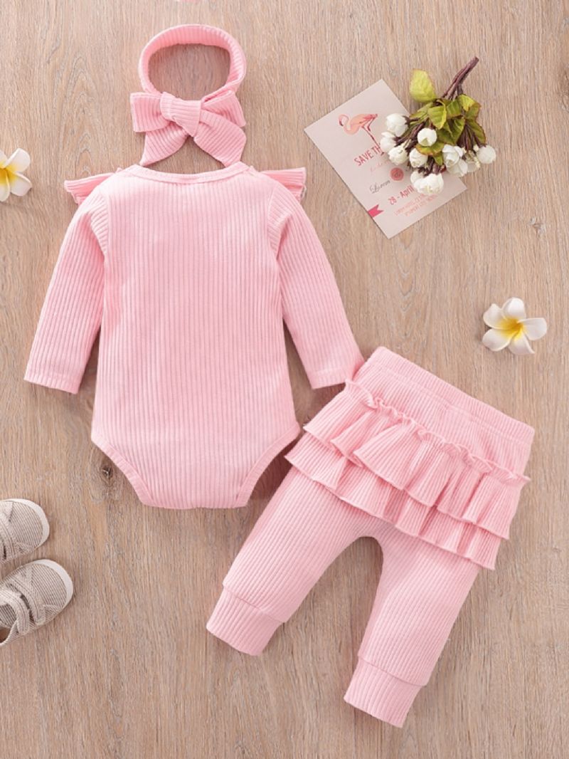 Baby Pige Nyfødt Jumpsuit Flæse Langærmet Top Bukser Pandebånd 3 Stk Sæt